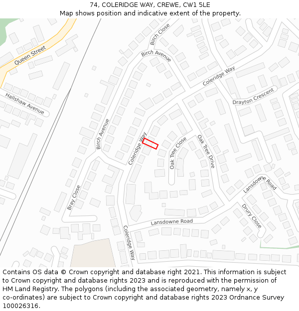 74, COLERIDGE WAY, CREWE, CW1 5LE: Location map and indicative extent of plot