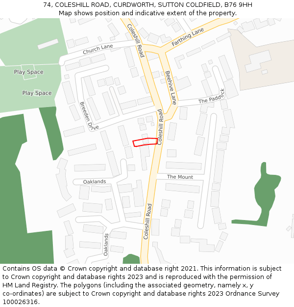 74, COLESHILL ROAD, CURDWORTH, SUTTON COLDFIELD, B76 9HH: Location map and indicative extent of plot
