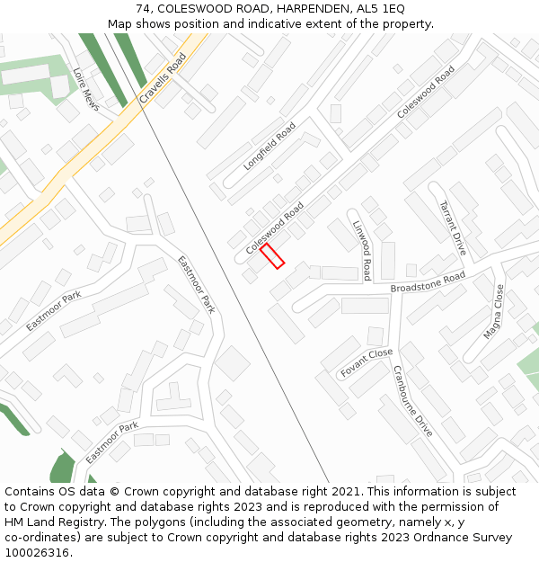 74, COLESWOOD ROAD, HARPENDEN, AL5 1EQ: Location map and indicative extent of plot