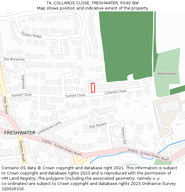 74, COLLARDS CLOSE, FRESHWATER, PO40 9JW: Location map and indicative extent of plot