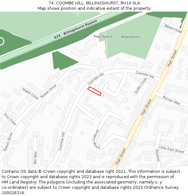 74, COOMBE HILL, BILLINGSHURST, RH14 9LA: Location map and indicative extent of plot