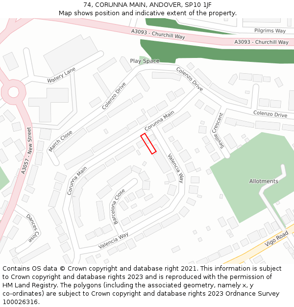 74, CORUNNA MAIN, ANDOVER, SP10 1JF: Location map and indicative extent of plot