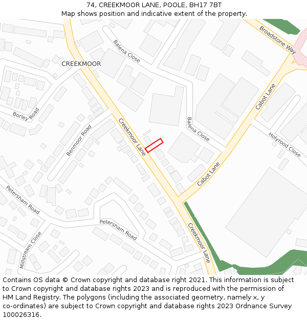 74, CREEKMOOR LANE, POOLE, BH17 7BT: Location map and indicative extent of plot