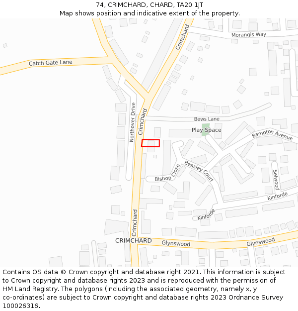 74, CRIMCHARD, CHARD, TA20 1JT: Location map and indicative extent of plot