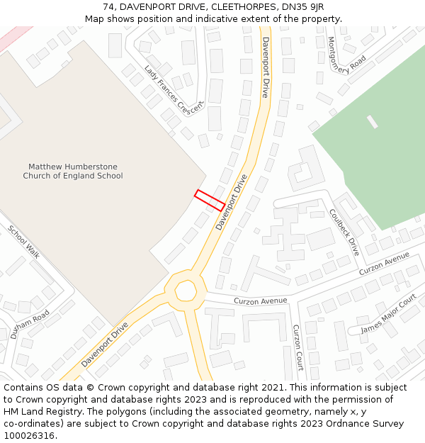 74, DAVENPORT DRIVE, CLEETHORPES, DN35 9JR: Location map and indicative extent of plot