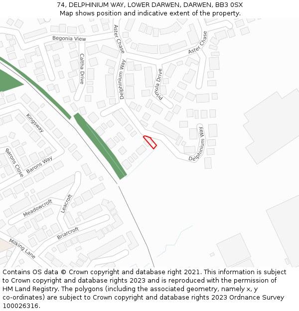 74, DELPHINIUM WAY, LOWER DARWEN, DARWEN, BB3 0SX: Location map and indicative extent of plot