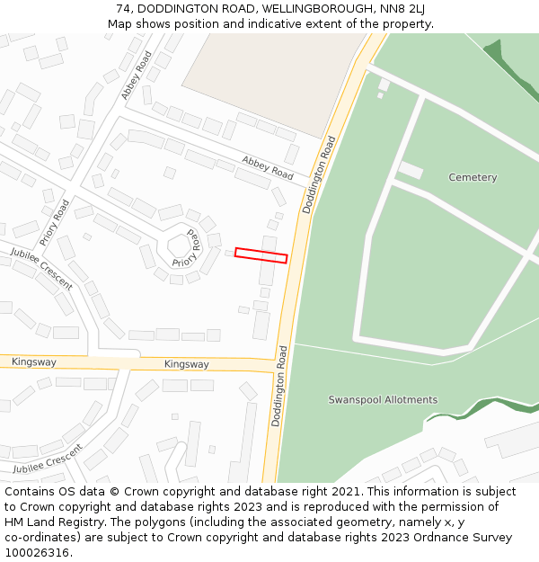 74, DODDINGTON ROAD, WELLINGBOROUGH, NN8 2LJ: Location map and indicative extent of plot