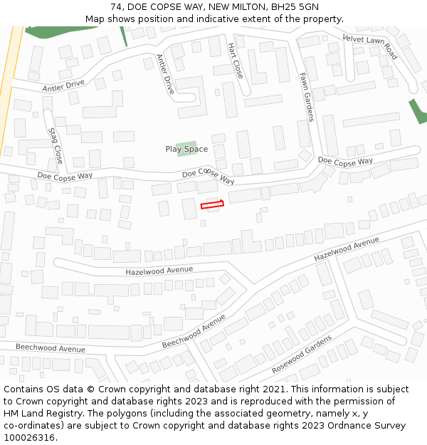 74, DOE COPSE WAY, NEW MILTON, BH25 5GN: Location map and indicative extent of plot