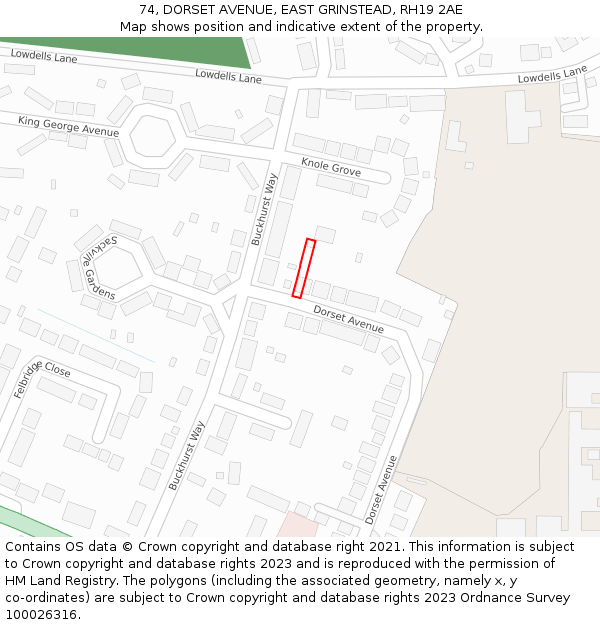 74, DORSET AVENUE, EAST GRINSTEAD, RH19 2AE: Location map and indicative extent of plot