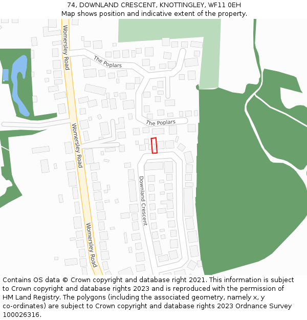 74, DOWNLAND CRESCENT, KNOTTINGLEY, WF11 0EH: Location map and indicative extent of plot