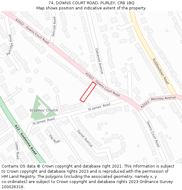 74, DOWNS COURT ROAD, PURLEY, CR8 1BQ: Location map and indicative extent of plot