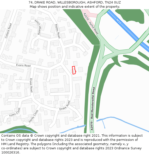 74, DRAKE ROAD, WILLESBOROUGH, ASHFORD, TN24 0UZ: Location map and indicative extent of plot