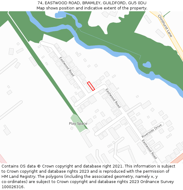 74, EASTWOOD ROAD, BRAMLEY, GUILDFORD, GU5 0DU: Location map and indicative extent of plot