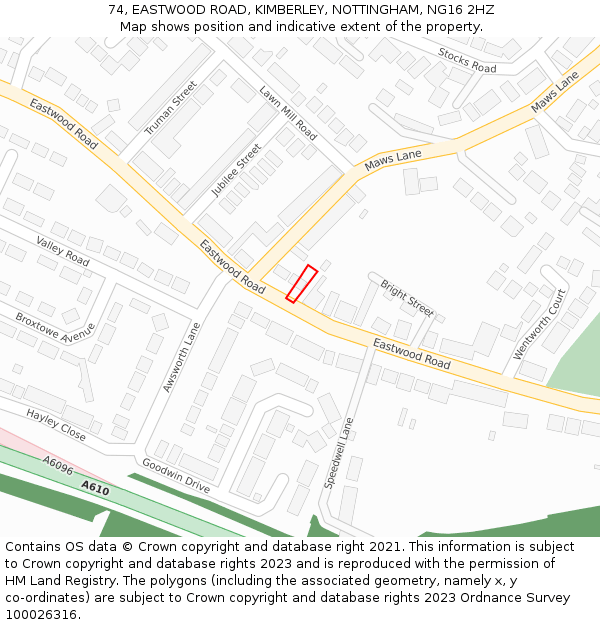 74, EASTWOOD ROAD, KIMBERLEY, NOTTINGHAM, NG16 2HZ: Location map and indicative extent of plot