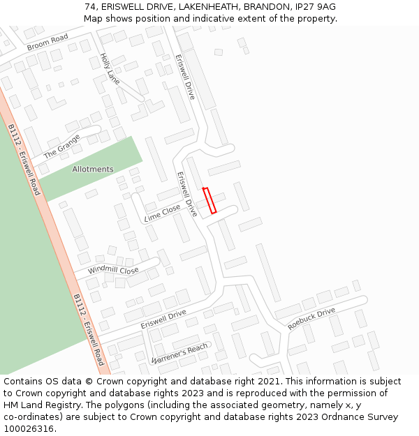 74, ERISWELL DRIVE, LAKENHEATH, BRANDON, IP27 9AG: Location map and indicative extent of plot