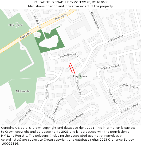 74, FAIRFIELD ROAD, HECKMONDWIKE, WF16 9NZ: Location map and indicative extent of plot