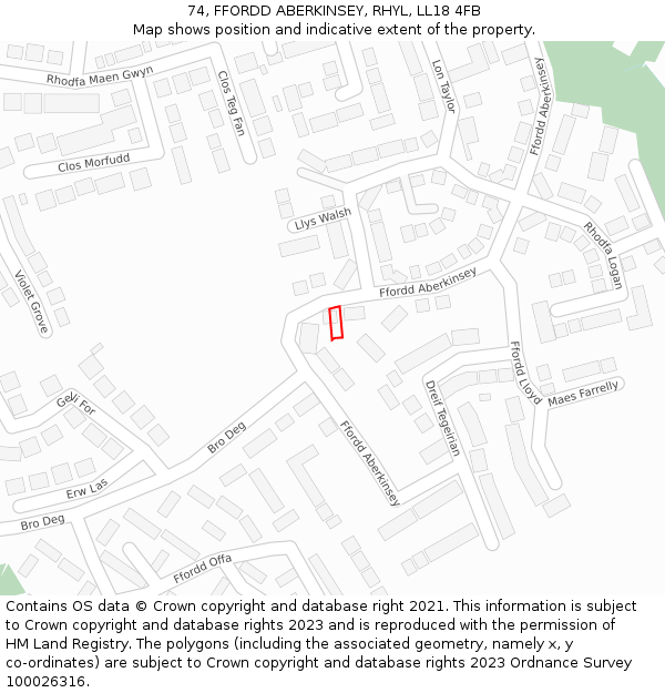 74, FFORDD ABERKINSEY, RHYL, LL18 4FB: Location map and indicative extent of plot