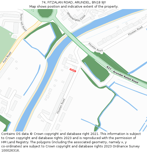 74, FITZALAN ROAD, ARUNDEL, BN18 9JY: Location map and indicative extent of plot