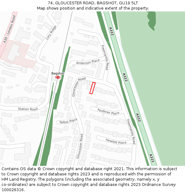 74, GLOUCESTER ROAD, BAGSHOT, GU19 5LT: Location map and indicative extent of plot