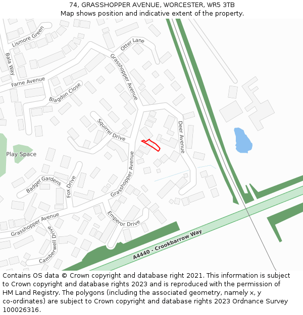 74, GRASSHOPPER AVENUE, WORCESTER, WR5 3TB: Location map and indicative extent of plot