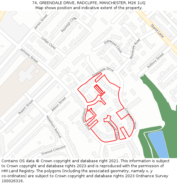 74, GREENDALE DRIVE, RADCLIFFE, MANCHESTER, M26 1UQ: Location map and indicative extent of plot