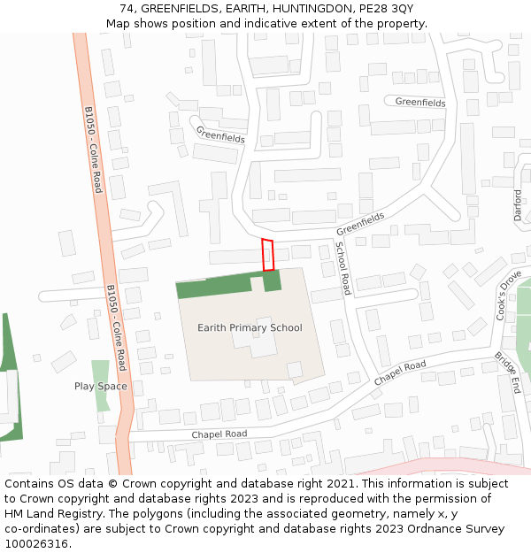 74, GREENFIELDS, EARITH, HUNTINGDON, PE28 3QY: Location map and indicative extent of plot