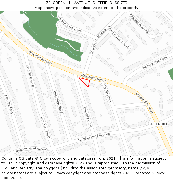 74, GREENHILL AVENUE, SHEFFIELD, S8 7TD: Location map and indicative extent of plot