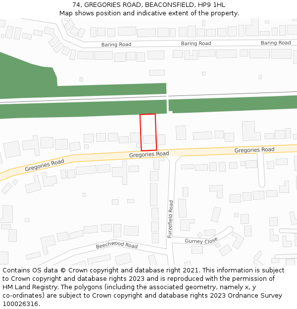 74, GREGORIES ROAD, BEACONSFIELD, HP9 1HL: Location map and indicative extent of plot