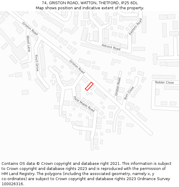 74, GRISTON ROAD, WATTON, THETFORD, IP25 6DL: Location map and indicative extent of plot