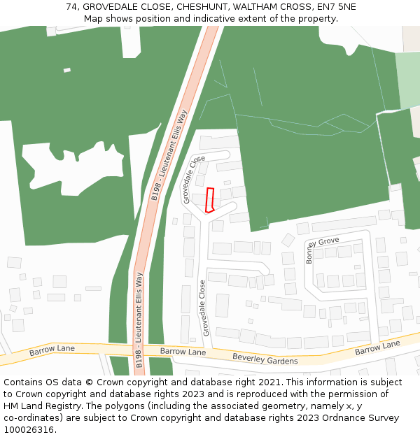 74, GROVEDALE CLOSE, CHESHUNT, WALTHAM CROSS, EN7 5NE: Location map and indicative extent of plot