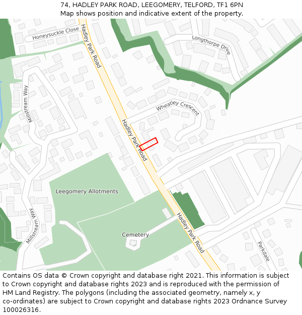 74, HADLEY PARK ROAD, LEEGOMERY, TELFORD, TF1 6PN: Location map and indicative extent of plot