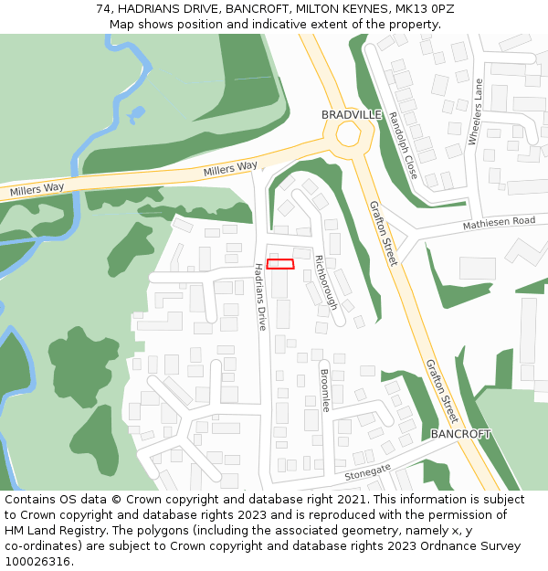 74, HADRIANS DRIVE, BANCROFT, MILTON KEYNES, MK13 0PZ: Location map and indicative extent of plot