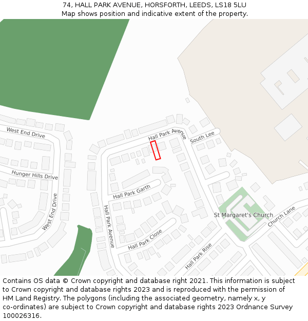 74, HALL PARK AVENUE, HORSFORTH, LEEDS, LS18 5LU: Location map and indicative extent of plot