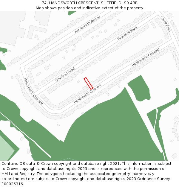 74, HANDSWORTH CRESCENT, SHEFFIELD, S9 4BR: Location map and indicative extent of plot