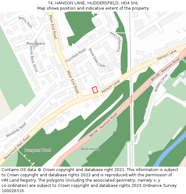 74, HANSON LANE, HUDDERSFIELD, HD4 5HL: Location map and indicative extent of plot
