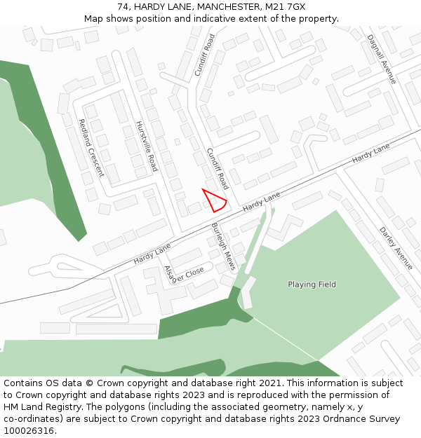 74, HARDY LANE, MANCHESTER, M21 7GX: Location map and indicative extent of plot