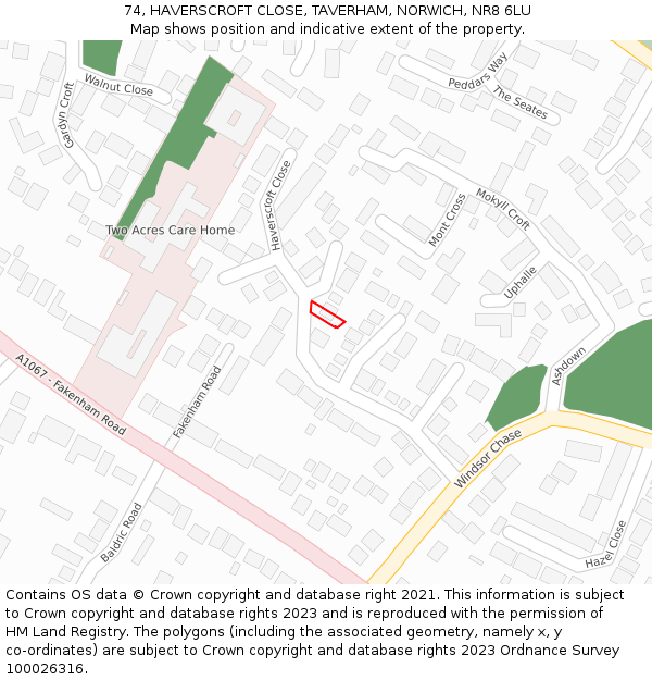 74, HAVERSCROFT CLOSE, TAVERHAM, NORWICH, NR8 6LU: Location map and indicative extent of plot