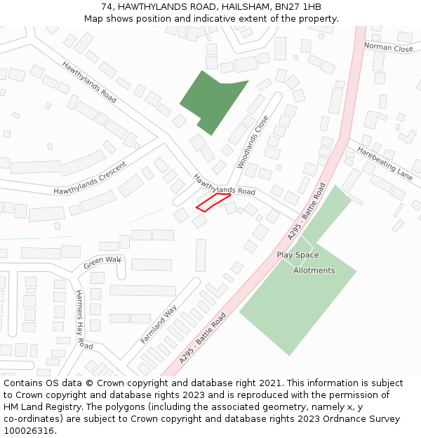 74, HAWTHYLANDS ROAD, HAILSHAM, BN27 1HB: Location map and indicative extent of plot