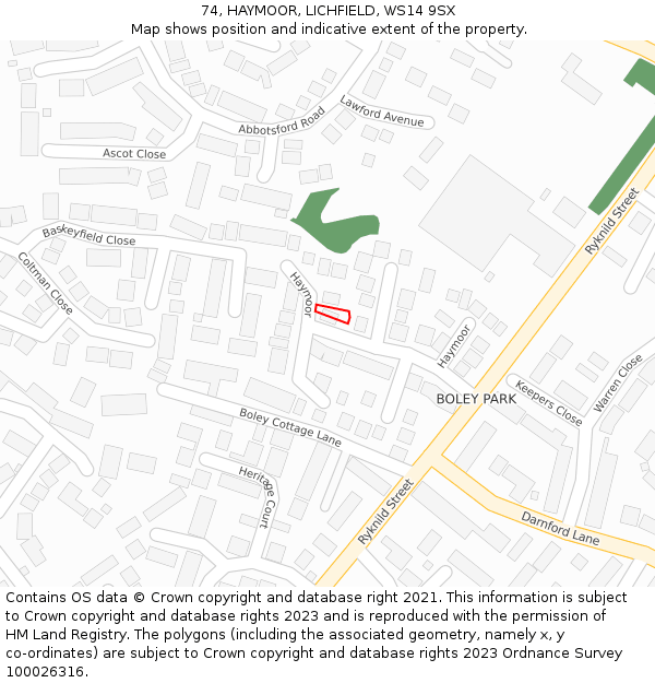 74, HAYMOOR, LICHFIELD, WS14 9SX: Location map and indicative extent of plot