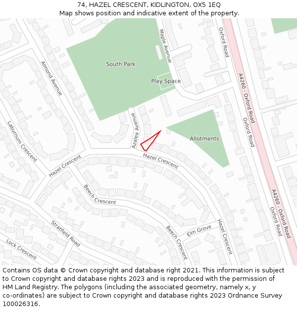 74, HAZEL CRESCENT, KIDLINGTON, OX5 1EQ: Location map and indicative extent of plot