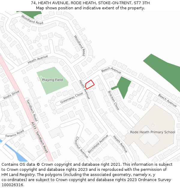 74, HEATH AVENUE, RODE HEATH, STOKE-ON-TRENT, ST7 3TH: Location map and indicative extent of plot