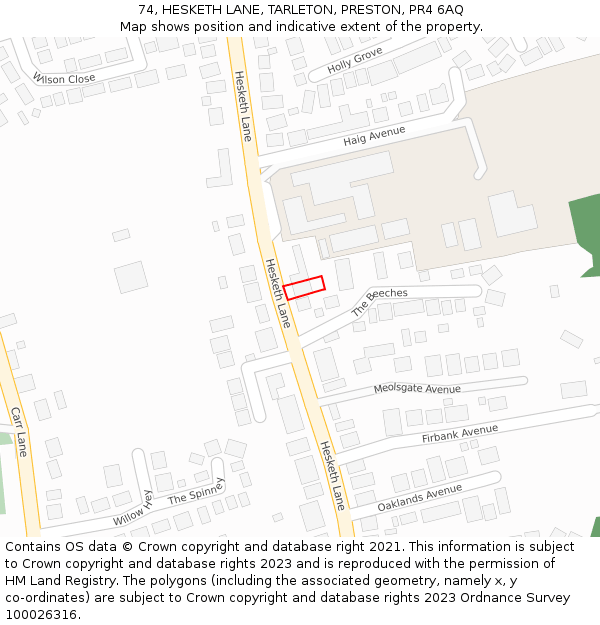 74, HESKETH LANE, TARLETON, PRESTON, PR4 6AQ: Location map and indicative extent of plot