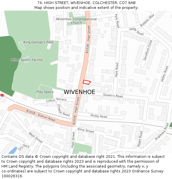 74, HIGH STREET, WIVENHOE, COLCHESTER, CO7 9AB: Location map and indicative extent of plot