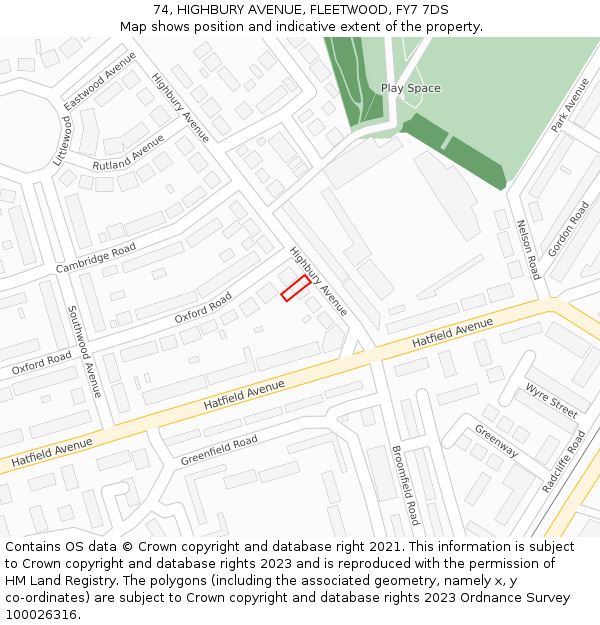 74, HIGHBURY AVENUE, FLEETWOOD, FY7 7DS: Location map and indicative extent of plot