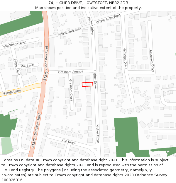 74, HIGHER DRIVE, LOWESTOFT, NR32 3DB: Location map and indicative extent of plot
