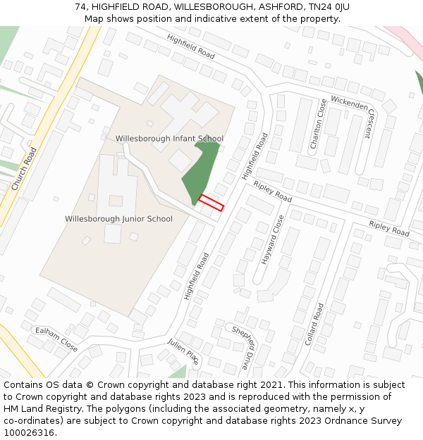 74, HIGHFIELD ROAD, WILLESBOROUGH, ASHFORD, TN24 0JU: Location map and indicative extent of plot