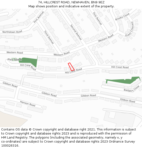 74, HILLCREST ROAD, NEWHAVEN, BN9 9EZ: Location map and indicative extent of plot