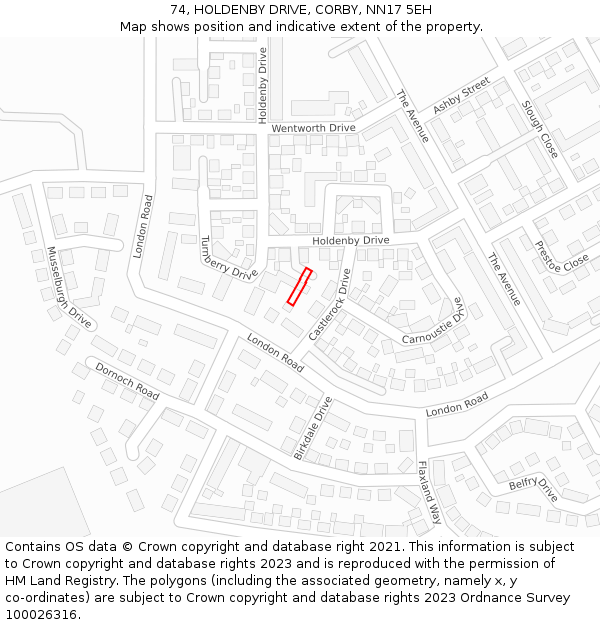 74, HOLDENBY DRIVE, CORBY, NN17 5EH: Location map and indicative extent of plot