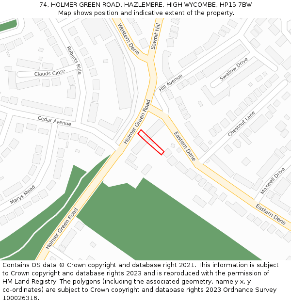 74, HOLMER GREEN ROAD, HAZLEMERE, HIGH WYCOMBE, HP15 7BW: Location map and indicative extent of plot