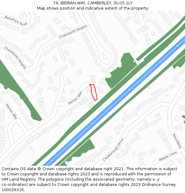 74, IBERIAN WAY, CAMBERLEY, GU15 1LY: Location map and indicative extent of plot